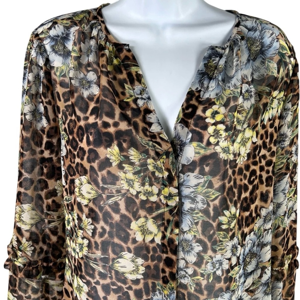 White House Black Market Brown Animal Floral Button Up Sheer Blouse
